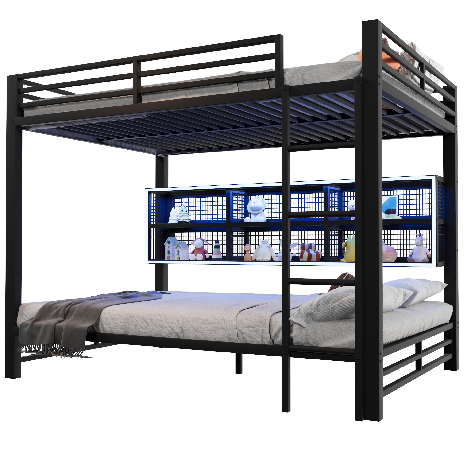 ETAGENBETT aus Metall 140x200 cm Schwarz mit 6 Stauraumschränken, Schutzgittern und LED-Beleuchtung - Schwarz, Metall (140/200cm) - Modfu