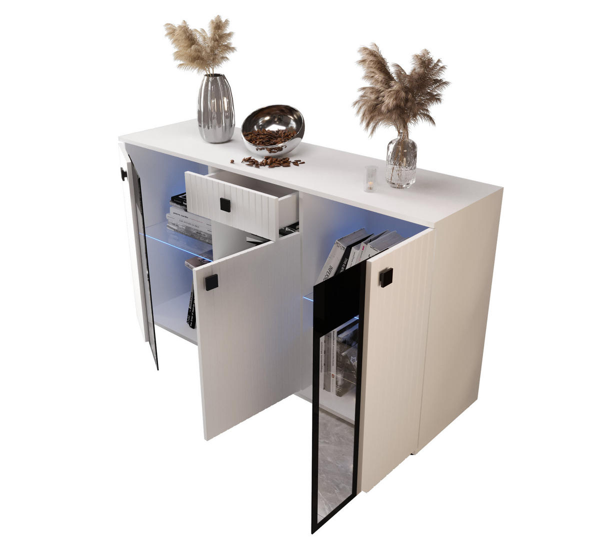 KOMMODE London LSMK LAMELE mit 3 Türen, Sideboard in Farbe: Weiß, Größe: 140 x 80 x 40 cm - Weiß, Holzwerkstoff (140/80/40cm) - O-Sofa