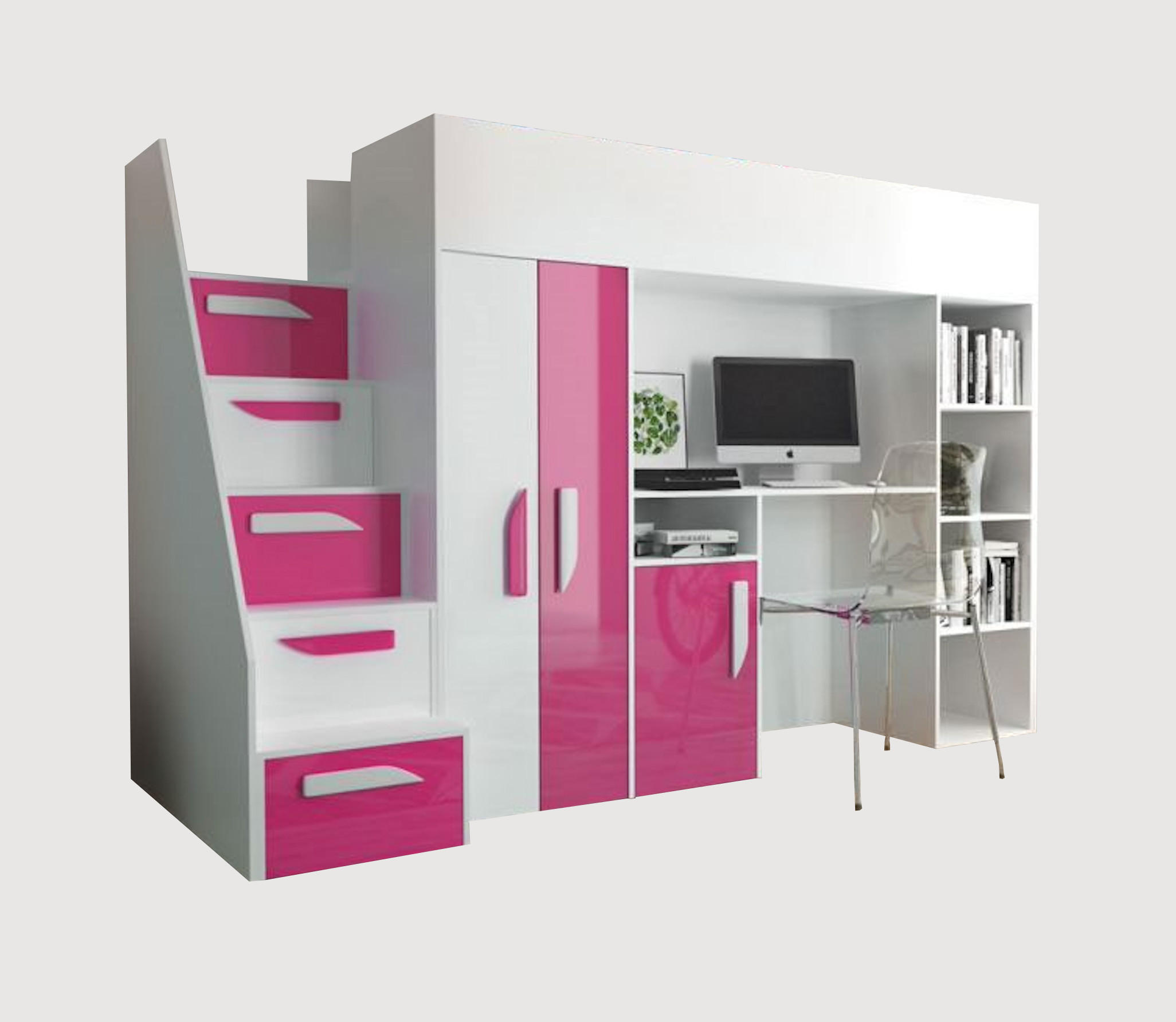 HOCHBETT Party weiß / pink Hochglanz - Griffe weiß / pink 120 / 247 / 165cm - Altrosa/Weiß, Holz/Holzwerkstoff (90/200cm) - Feldmann-Wohnen