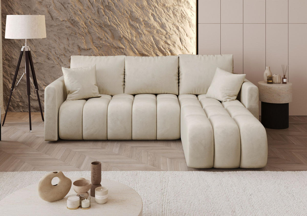 ROHOVÁ pohovka GARDA pravá béžová samet Monolith 2 - funkce spaní, úložný prostor - béžová, textil (230/149cm) - Cornero