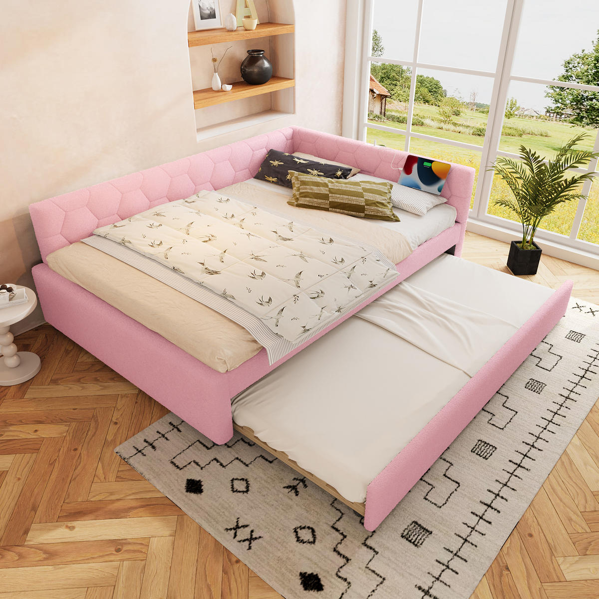 BETT 140/200 cm in Rosa mit Ausziehbett, USB, Type-C und Leselampe Samt im geometrischen Design - Rosa, Holzwerkstoff/Textil (140/200cm) - STILVORA