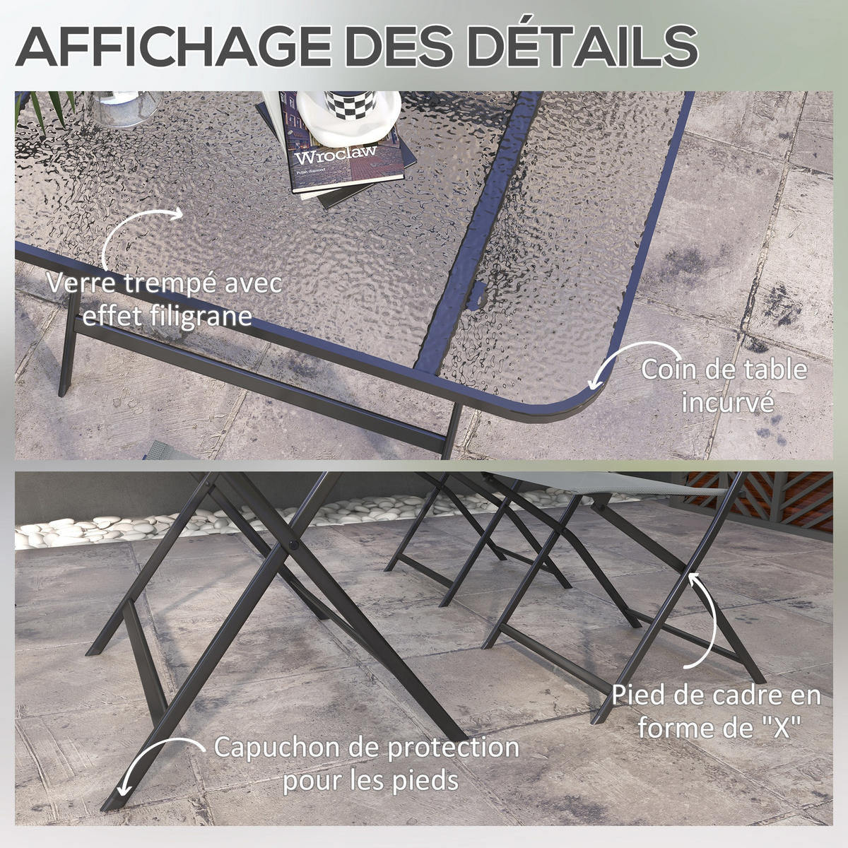 GARTENTISCHGRUPPE DE-18089 klappbar, 4 Sitzer, Glasplatte Grau - Grau, Metall - ComfortXL