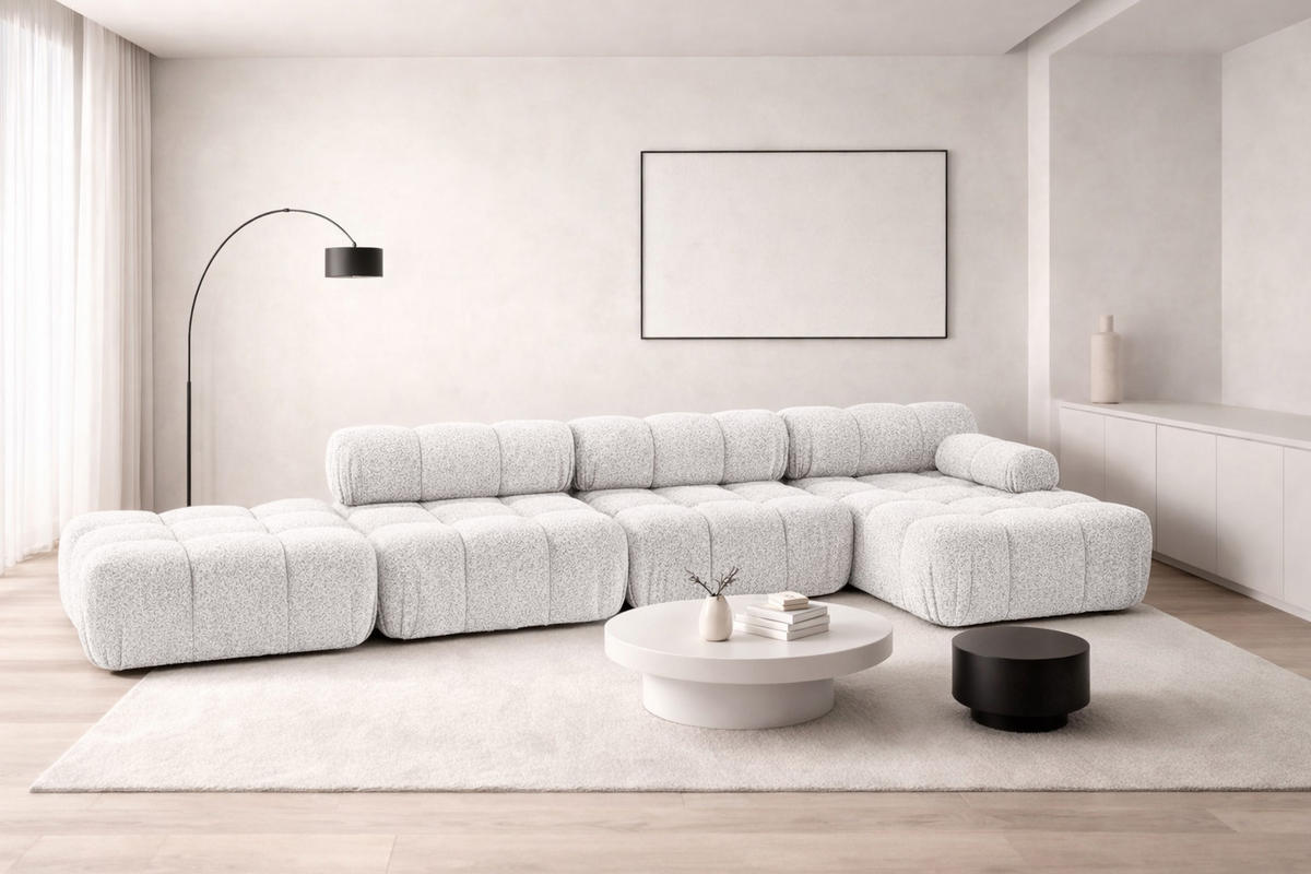ECKSOFA L-Form XL, Stoff Bouclé Abriamo, Ecru, Rechts, Selia L XL - Ecru, Holz (380/160cm) - Kaiser Möbel