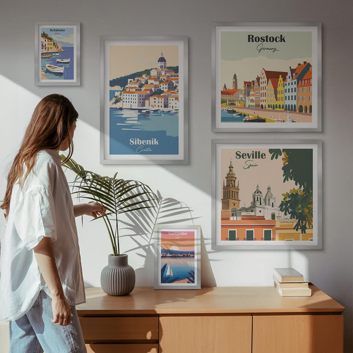 BILDER SET 5er Set - 50x50 cm & 20x30 cm & 40x60 cm Silberner Rahmen - Berglandschaften und Städte - Silberfarben, Kunststoff (40/60cm) - TULUP