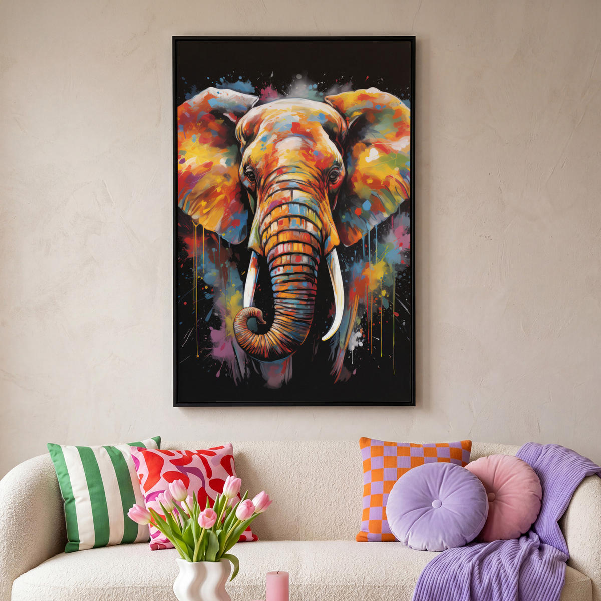 LEINWAND Bilder mit Rahmen - Elefant - Graffiti - Schwarz - Tiere - Farben - 100x150 - Schwarz, Textil (100/150cm) - MuchoWow