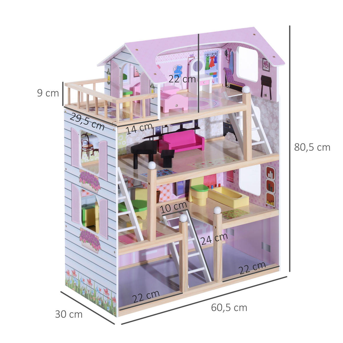 PUPPENHAUS DE-18719 4 Etagen mit 13 Accessoires & Balkon Weiß und Rosa - Pink, Holzwerkstoff (30/80/60cm) - ComfortXL