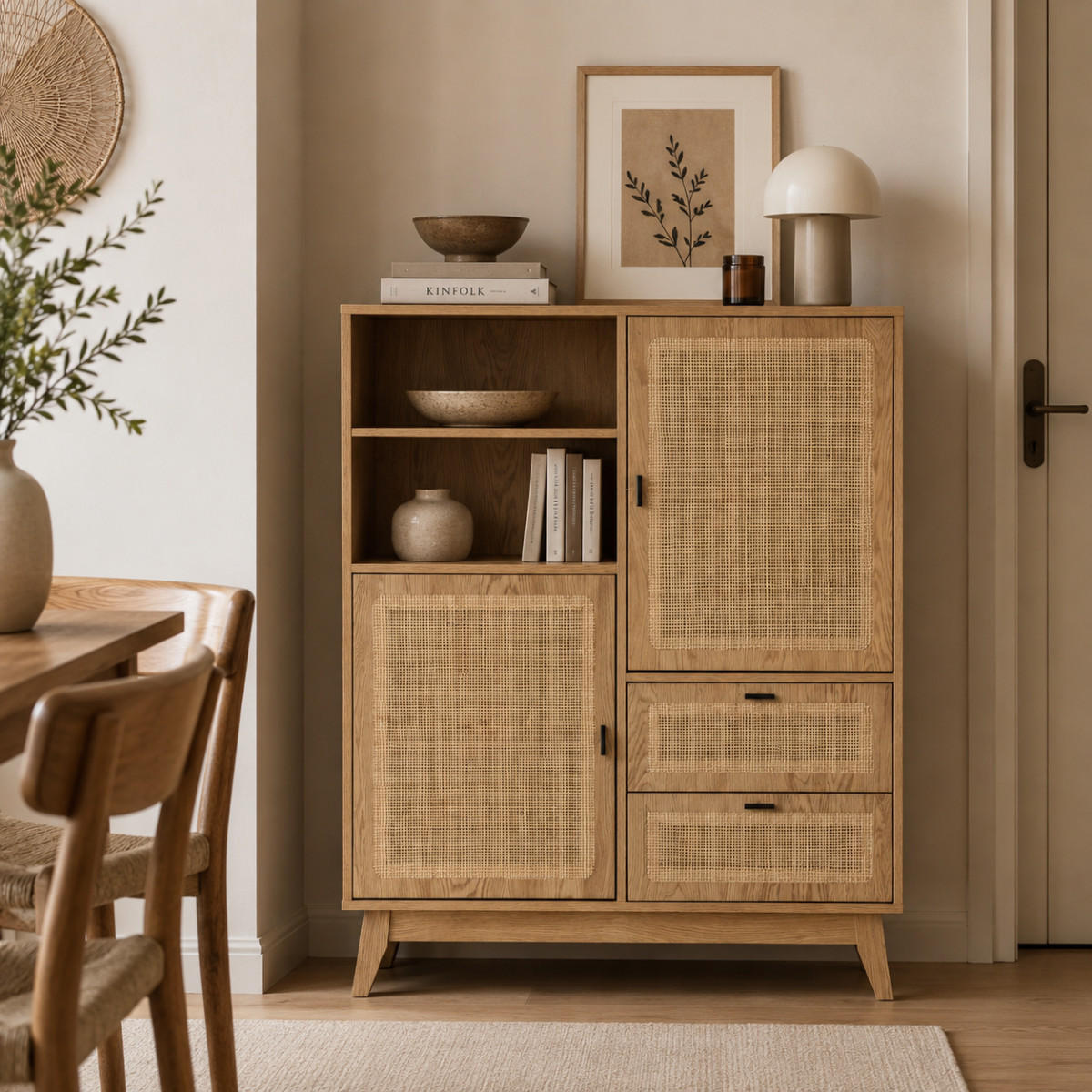 HOHES ANRICHTE 2 Türen 2 Schubladen mit Rattan-Fronten 40/120/100 cm - Eschefarben, Holzwerkstoff (40/120/55cm) - Calicosy