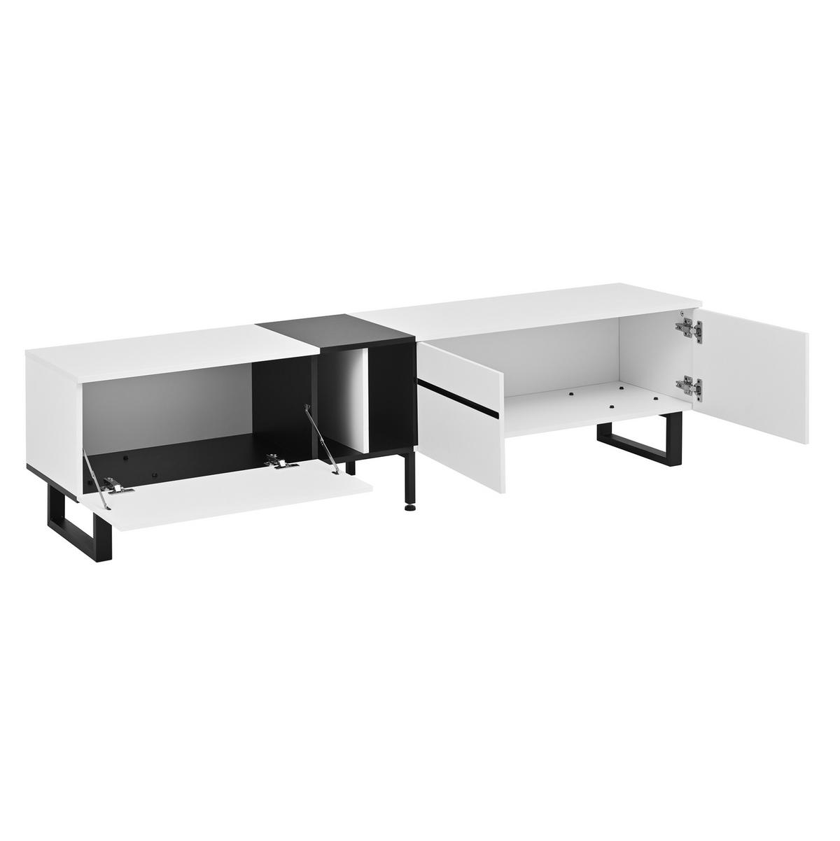 TV-LOWBOARD aus Spanplatte 180x38x45 cm Weiß mit Klappfach, offenen Fächern und verstellbaren Füßen - Weiß, Holzwerkstoff (180/45/38cm) - Modfu
