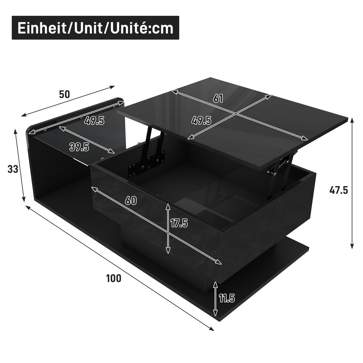 COUCHTISCH aus Spanplatte 100x50x33/47,5 cm Schwarz Hochglanz höhenverstellbar mit LED - Schwarz, Holzwerkstoff (110/50/47.5cm) - IVMEU