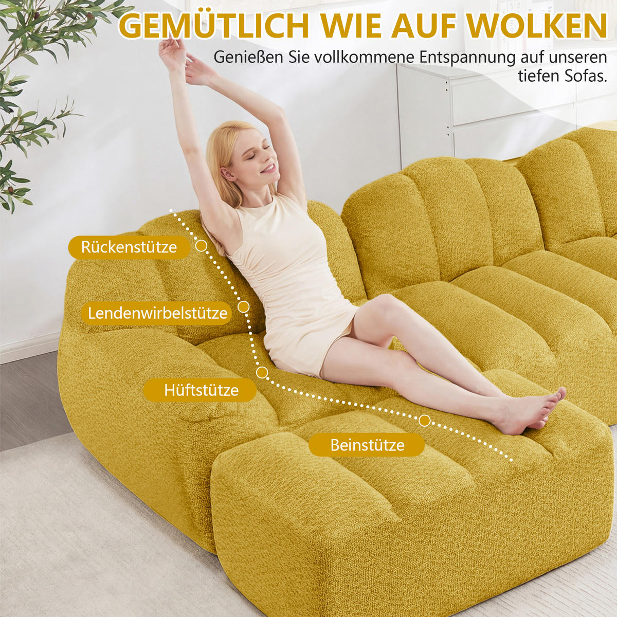 ECKSOFA aus granuliertem Fleece, frameless Lounge-Design ohne Montage - Gelb, Textil (210/165cm) - Urban Meuble