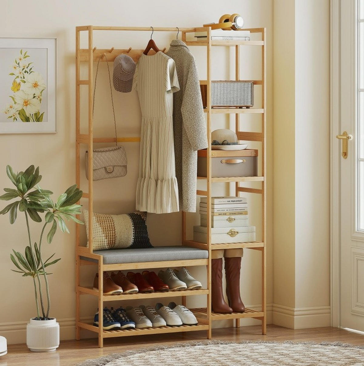 GARDEROBENSTÄNDER 104/33/175 cm mit Schuhschrank, Sitzbank, 10 Haken und 5 Regalen, Naturholz - Naturfarben, Naturmaterialien (104/175/33cm) - Redom