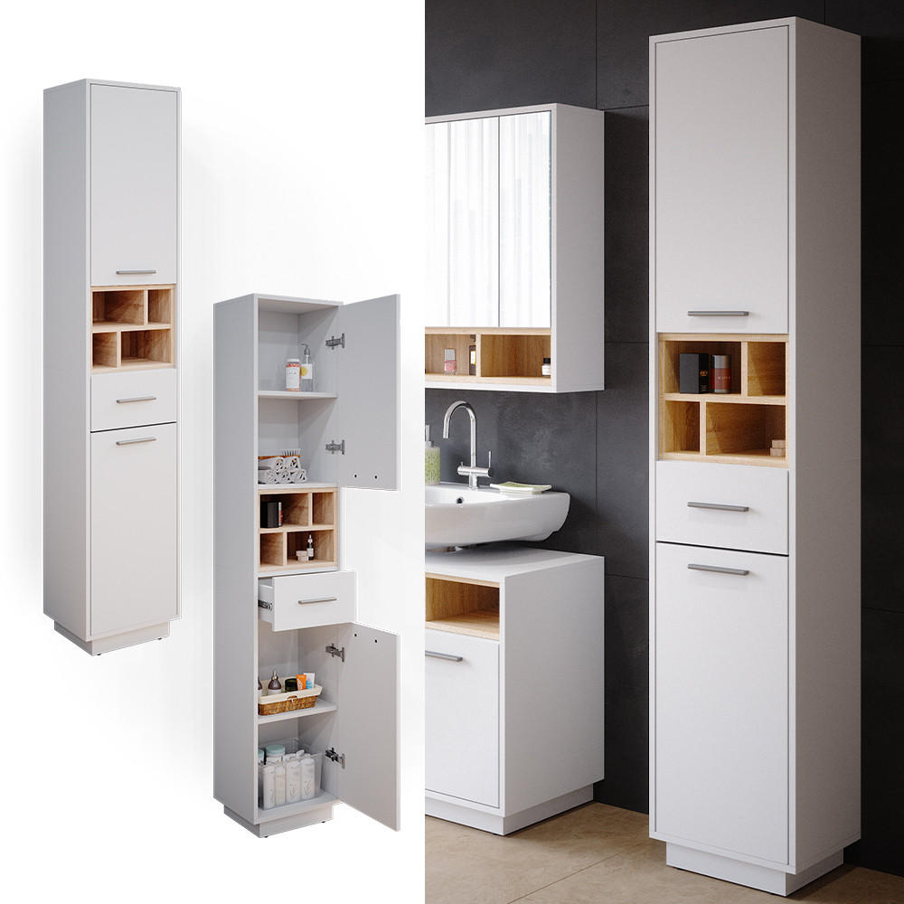 BADSCHRANK Beatrice Weiß 38 x 190 cm - Weiß, Holzwerkstoff (38/190/30cm) - Vicco