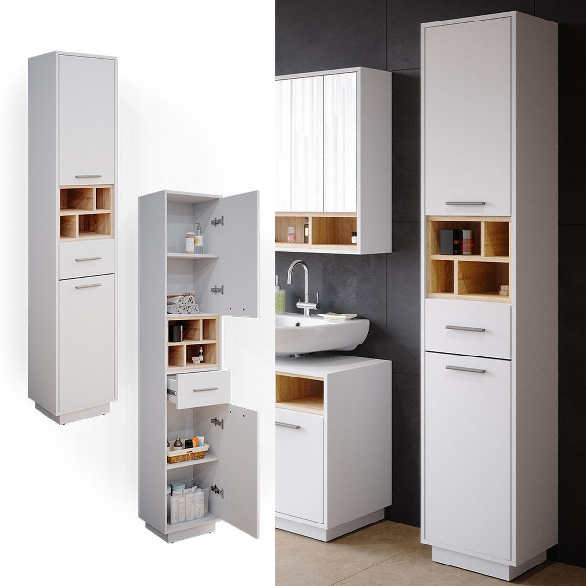 BADSCHRANK Beatrice Weiß 38 x 190 cm - Weiß, Holzwerkstoff (38/190/30cm) - Vicco