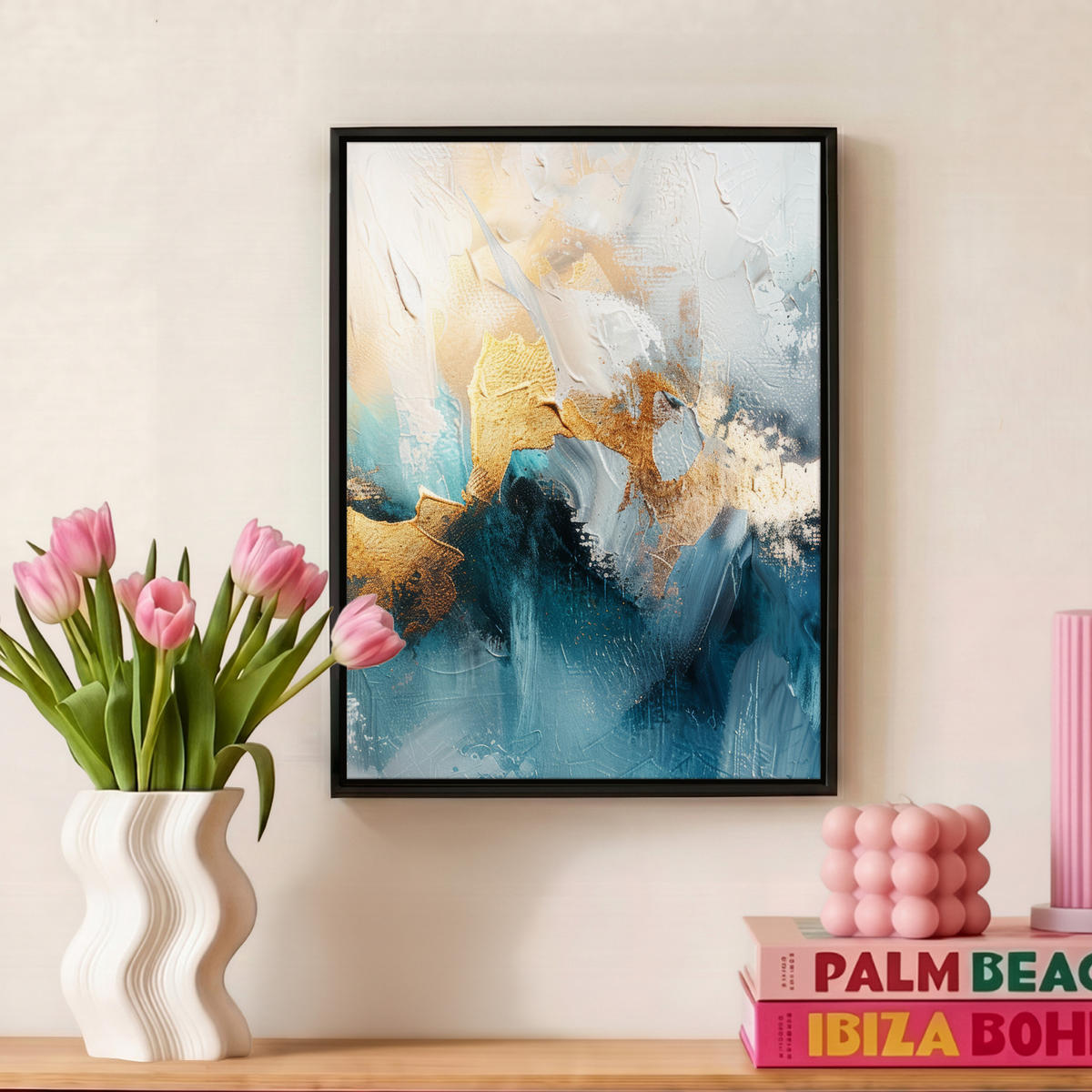 LEINWAND Bilder mit Rahmen - Abstrakt - Kunst - Gold - Blau - 30x40 - Petrol, Textil (30/40cm) - MuchoWow
