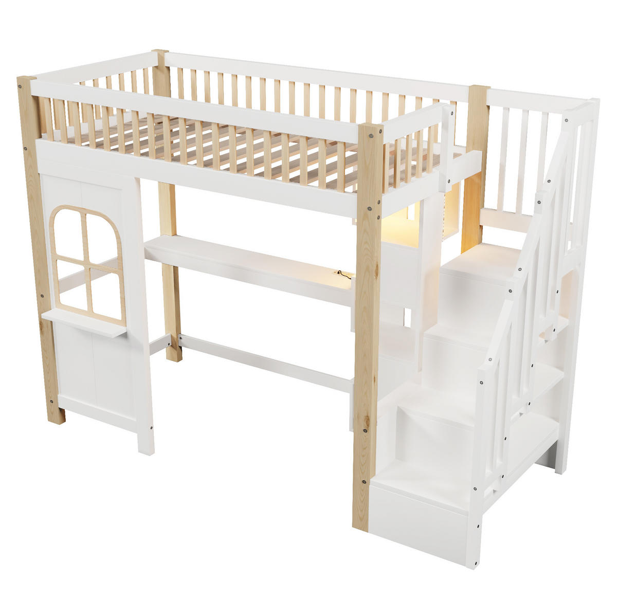 HOCHBETT 90/200 cm mit LED-Beleuchtung, Schreibtisch und Ablageleiter in Weiß/Natur - Weiß, Holz (140/200cm) - Flora Grace