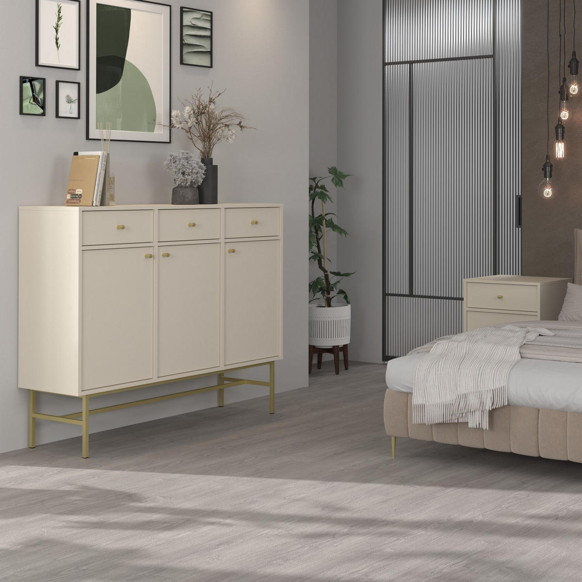 KOMMODE TORINO 125/108/41 cm mit 3 Schubladen 3 Türen Beige - Beige, Holzwerkstoff (125/108/41cm) - MASSENO