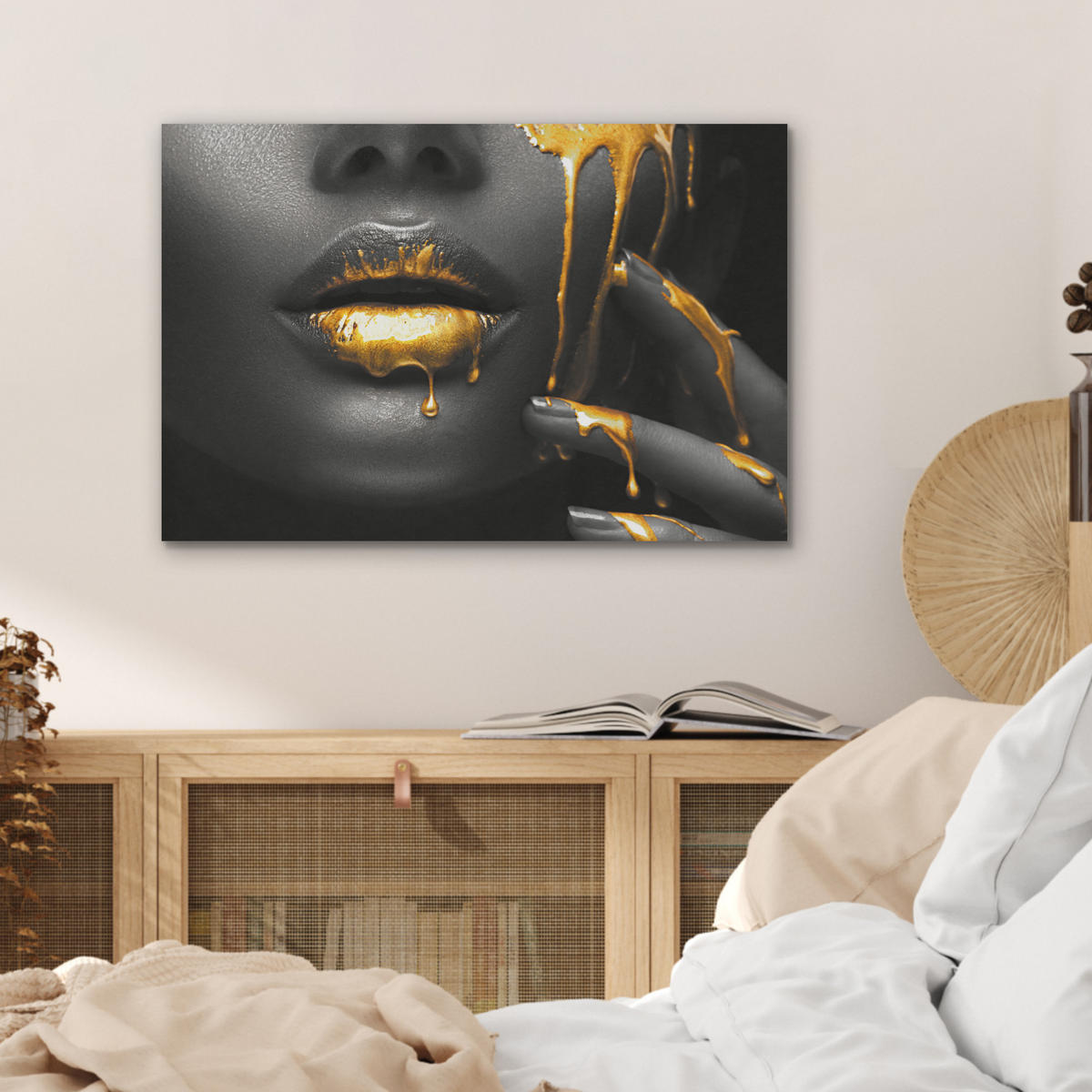 AKUSTIKBILD Frau - Schwarz - Gold - Gesicht - Lippen Wanddeko 70x50 cm - Goldfarben, Kunststoff (70/50/0.9cm) - MuchoWow
