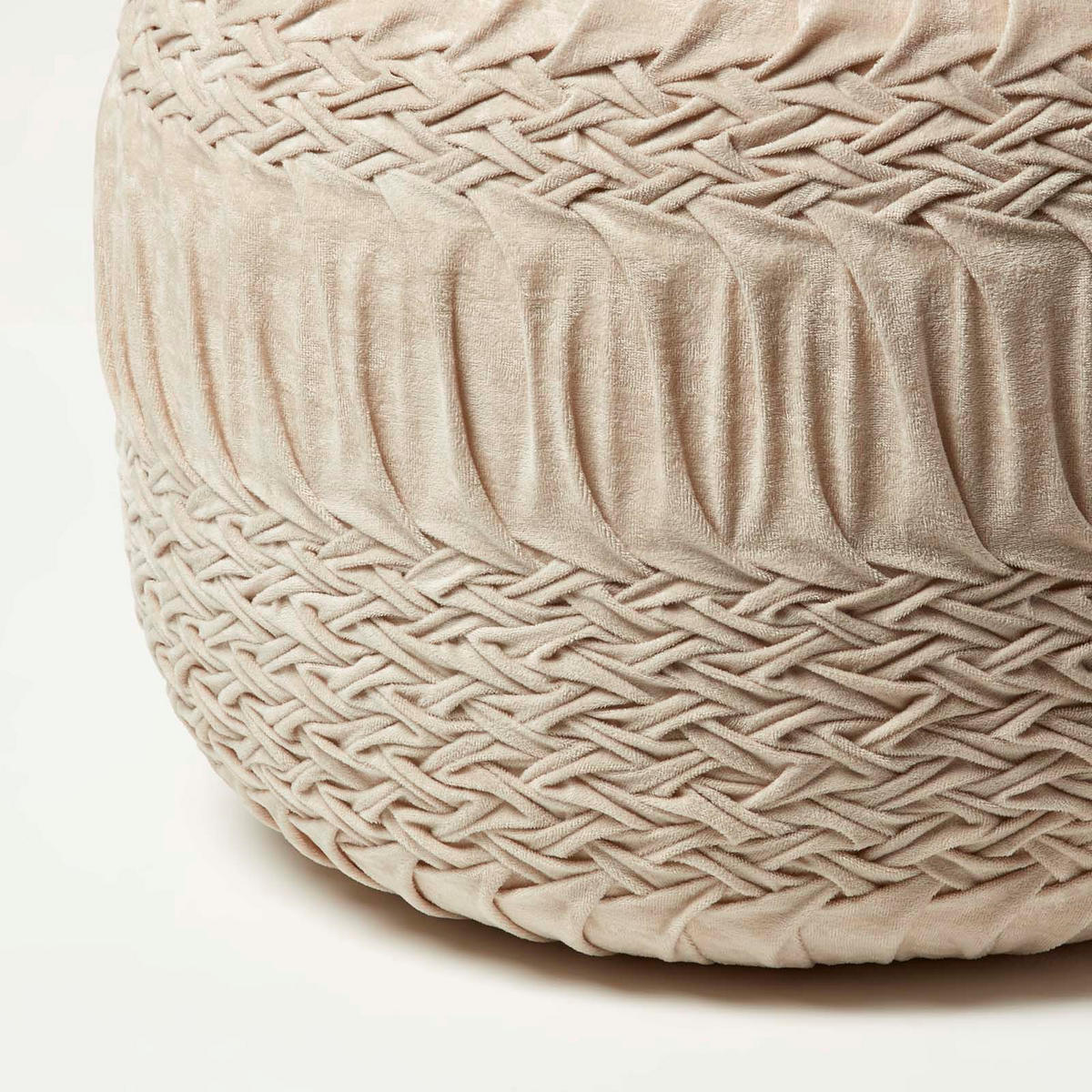 SAMT-POUF Sofia creme, plissiert in Flechtoptik, 50/50/35 cm - Creme, Textil (50/35/50cm) - Homescapes