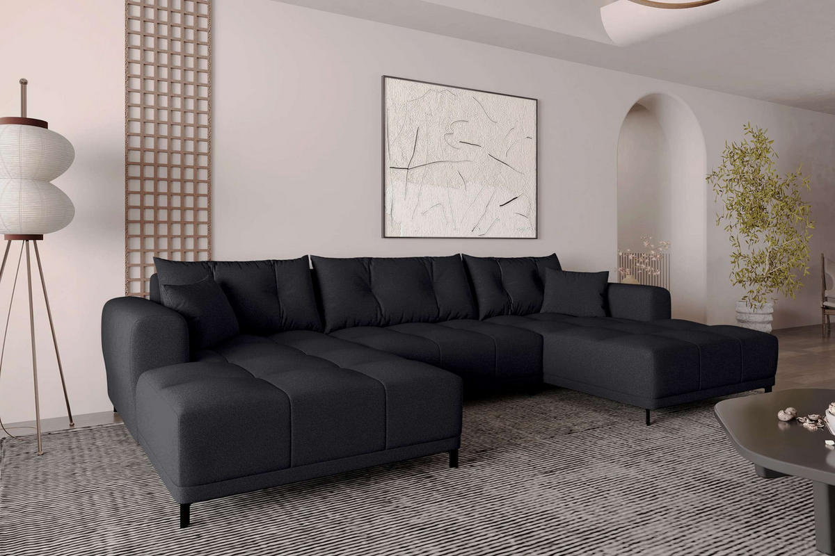 WOHNLANDSCHAFT Strukturstoff Schwarz inkl. Schlaffunktion - Schwarz, Textil/Metall (348/94/181cm) - 99rooms