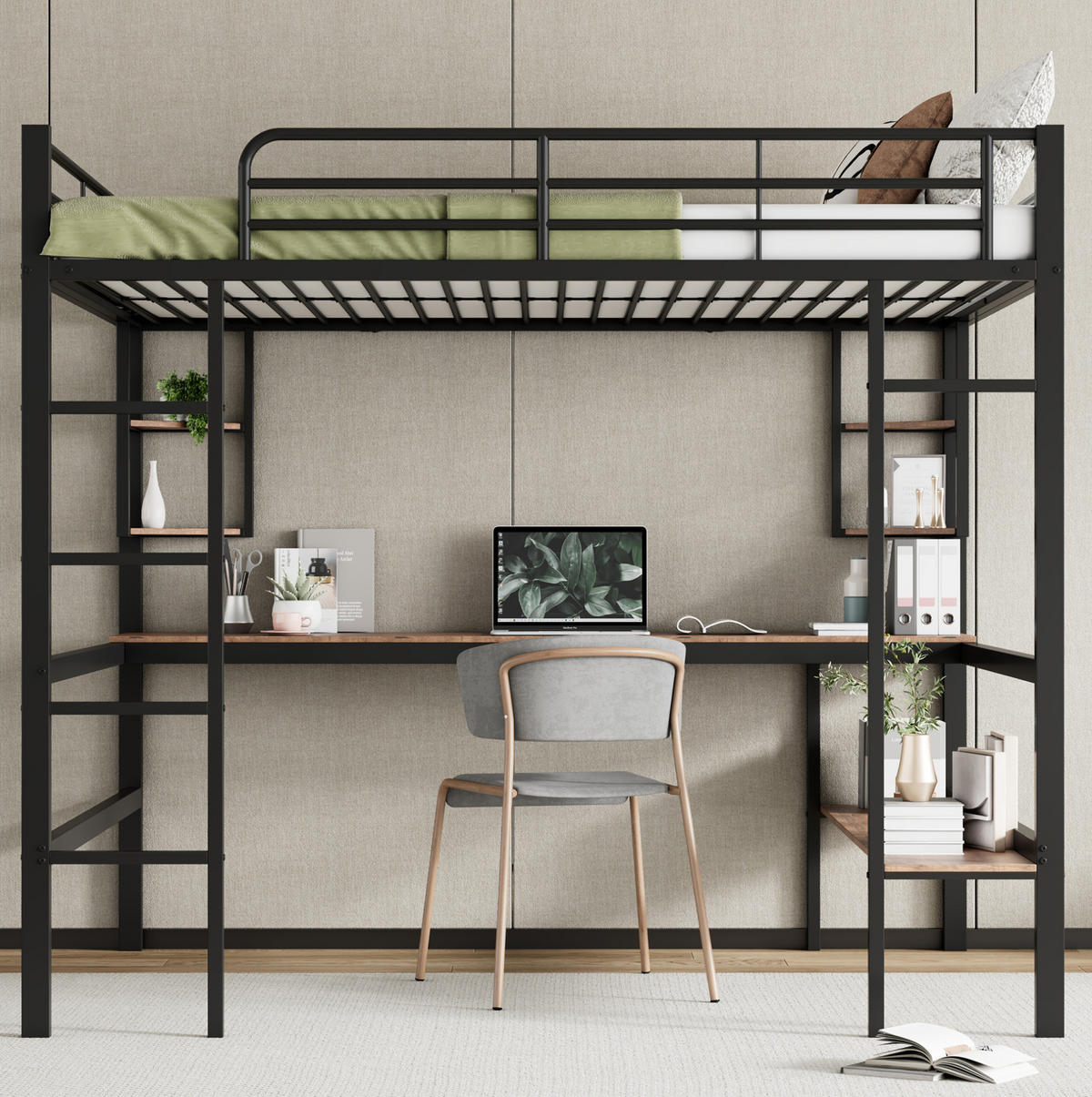 HOCHBETT mit Schreibtisch 140/200 cm in Schwarz – mit Regalen und Rausfallschutz - Schwarz, Metall (140/200cm) - BEAOK