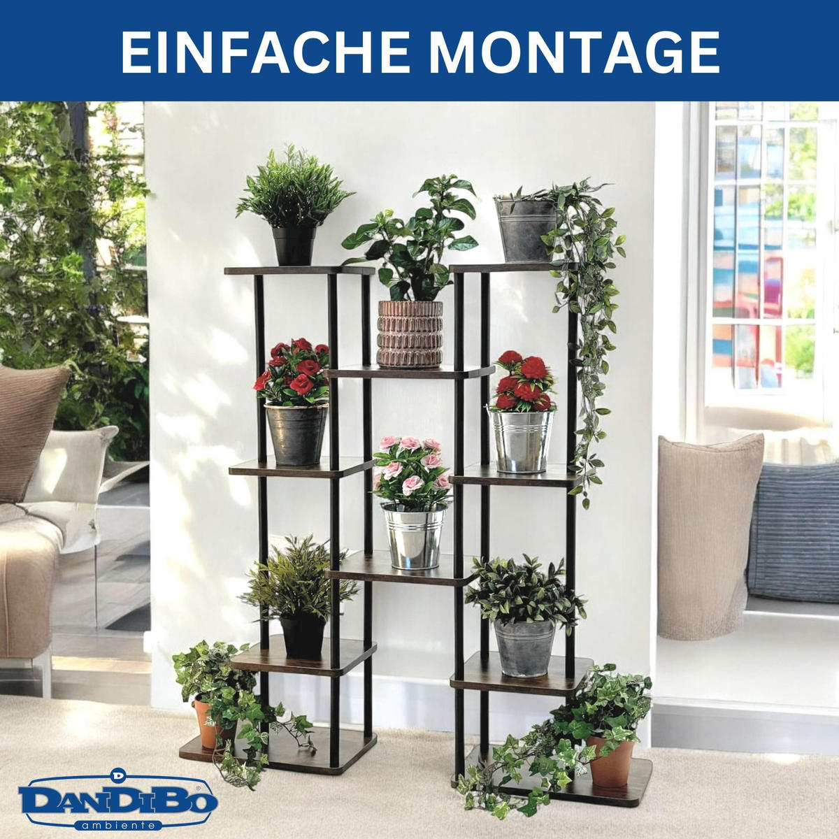 BLUMENTREPPE 6 Etagen Metall/Holz Schwarz 96/22/100 cm - Schwarz, Metall (96/100/22cm) - DanDiBo