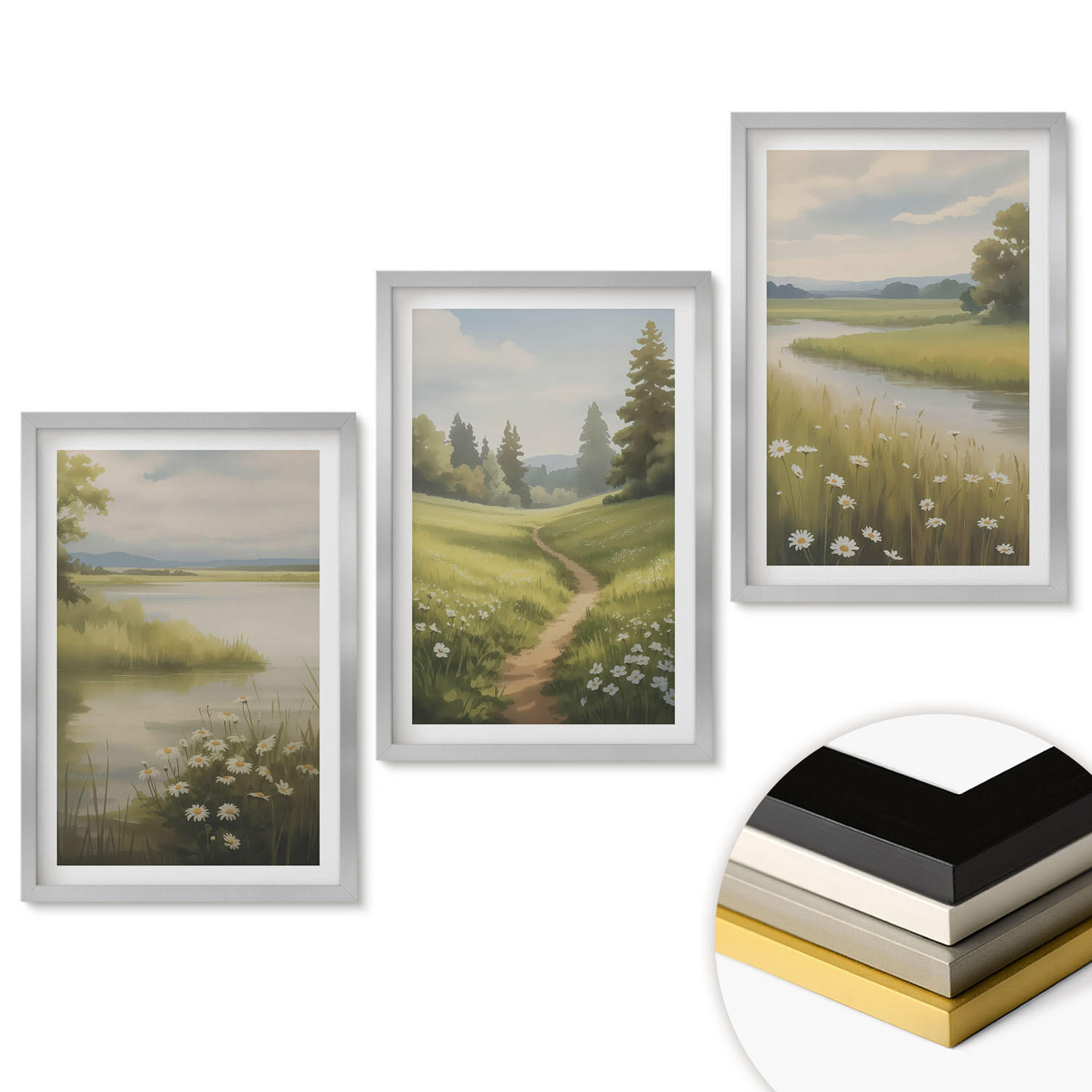 WANDBILDER 3er Set - 40x60 cm Silberner Rahmen - Frühlingslandschaft Flusswiese - Silberfarben, Kunststoff (40/60cm) - ArtPrintCave