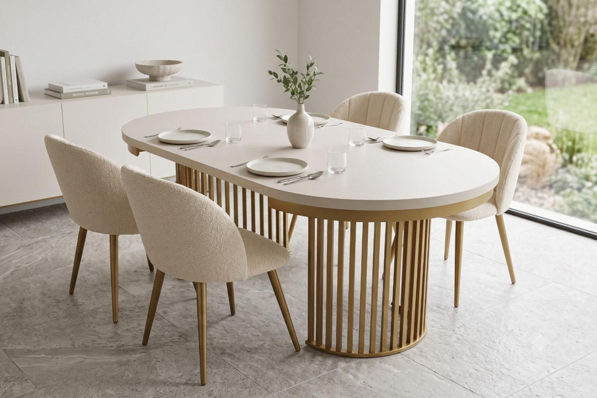 TISCHGRUPPE CLEO 100-150 cm in Kashmir/Gold mit 4 Stühlen in Boucle Beige - Kaschmir/Beige, Holz/Textil (150/76/100cm) - Deine Möbel 24