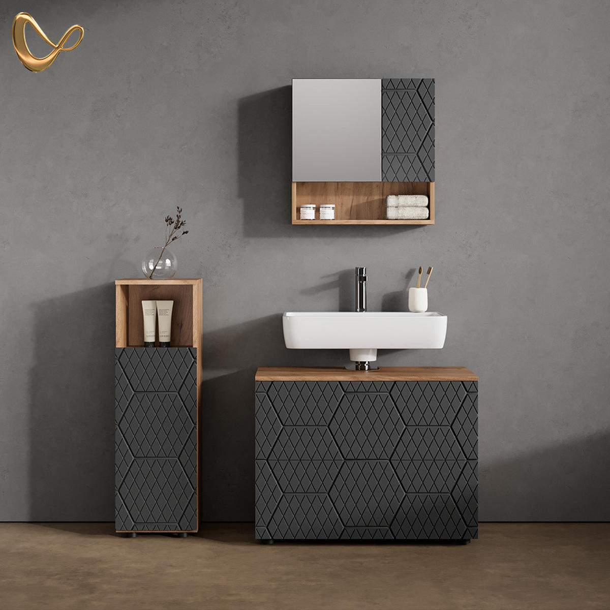 BADMÖBEL-SET Ronco Anthrazit gestreift 3 Teile, mit Midischrank - Anthrazit/Eiche Wotan, Holzwerkstoff (80/58/41cm) - Livinity®