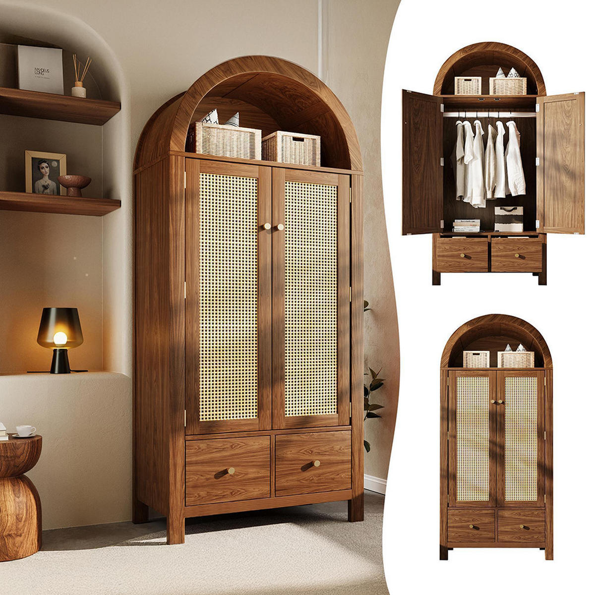 KLEIDERSCHRANK 181x78x45 cm mit Rattan-Flechten in Walnuss - Walnussfarben, Holz (78/181/45cm) - KOMHTOM