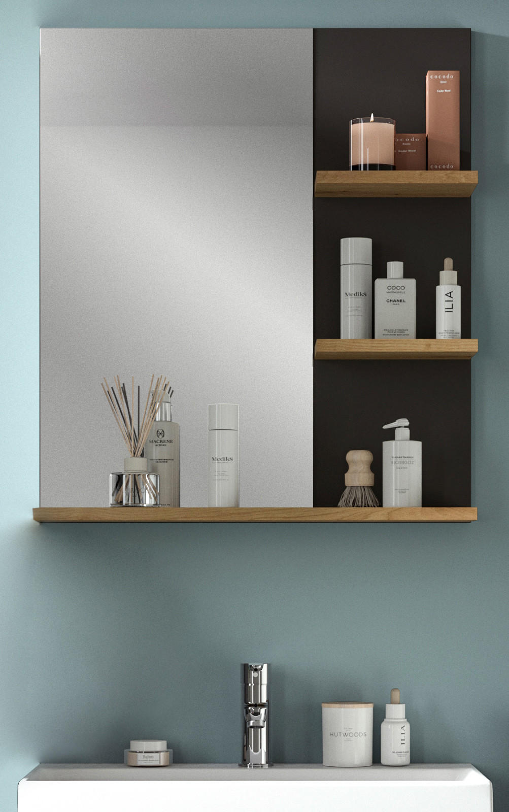 Thumbnail - Inn.Furn Badspiegel, Eiche Artisan, Grau, Holzwerkstoff, Glas, Uni, Holz Optik, Rechteckig, 63x73x16 cm, FSC Mix, Badezi...