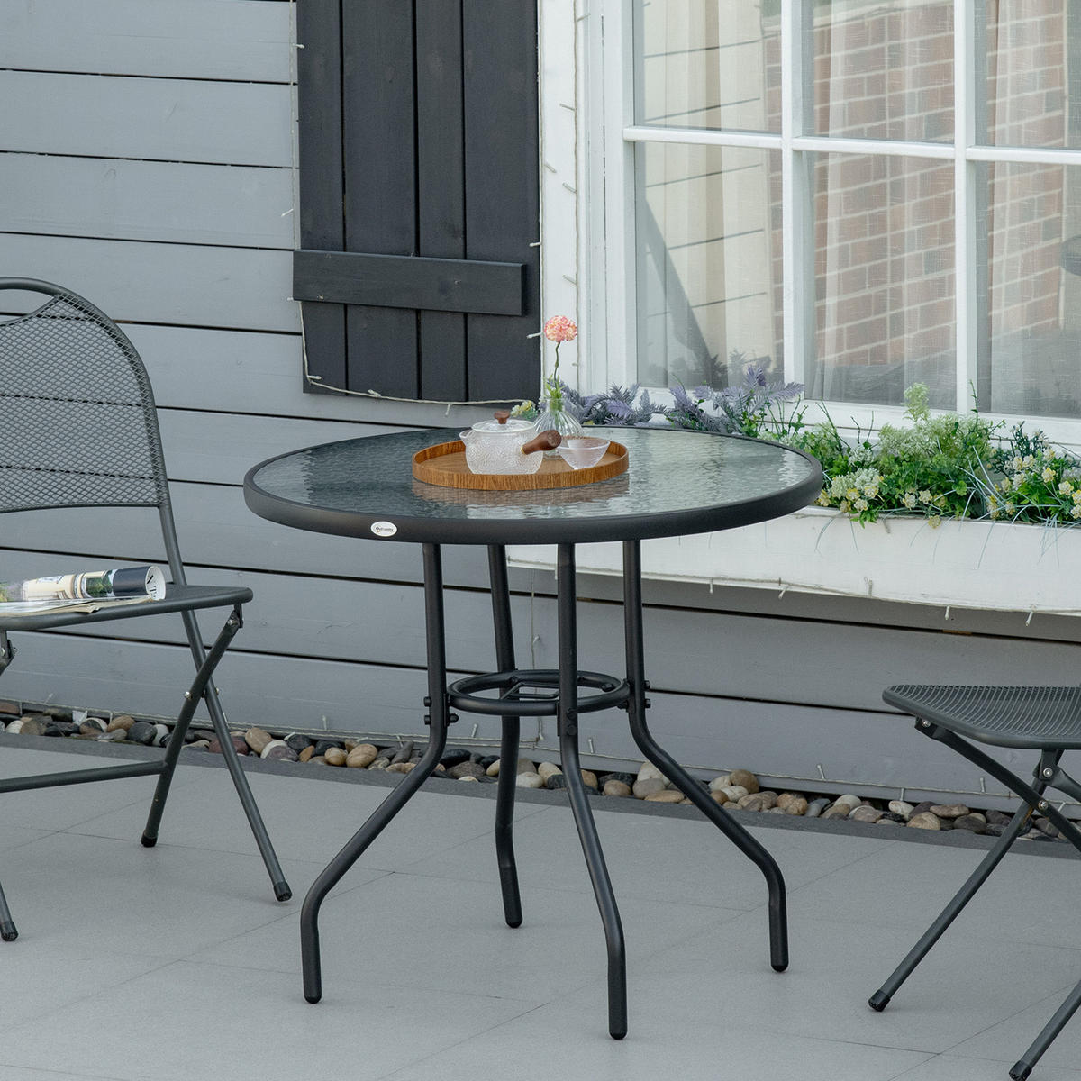 GARTENTISCH DE-07290 rund mit Schirmloch und Hartglas Schwarz - Schwarz, Glas/Metall (80/80/72cm) - ComfortXL