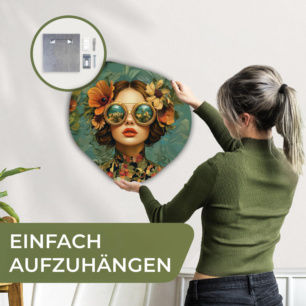 WANDBILD Frau - Blumen - Schmetterlinge - Natur - Vintage 40x40 cm - Petrol, Kunststoff (40/40cm) - MuchoWow