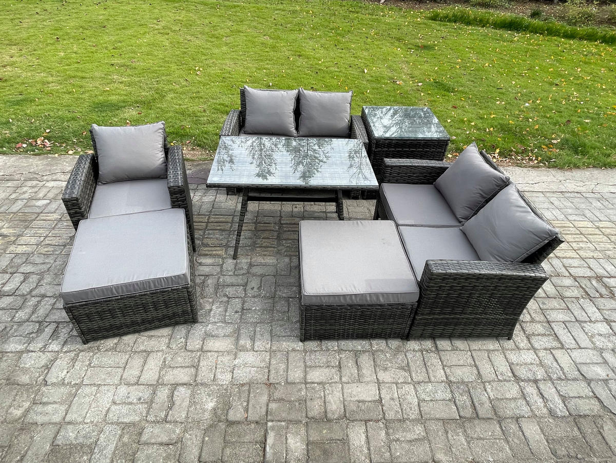 GARTENMÖBELSET mit ESSTISCH,HOCHLEHNER-SOFA Polyrattan Dunkelgrauer Mix 7-Sitzer - Dunkelgrau/Grau, Glas/Kunststoff - Fimous
