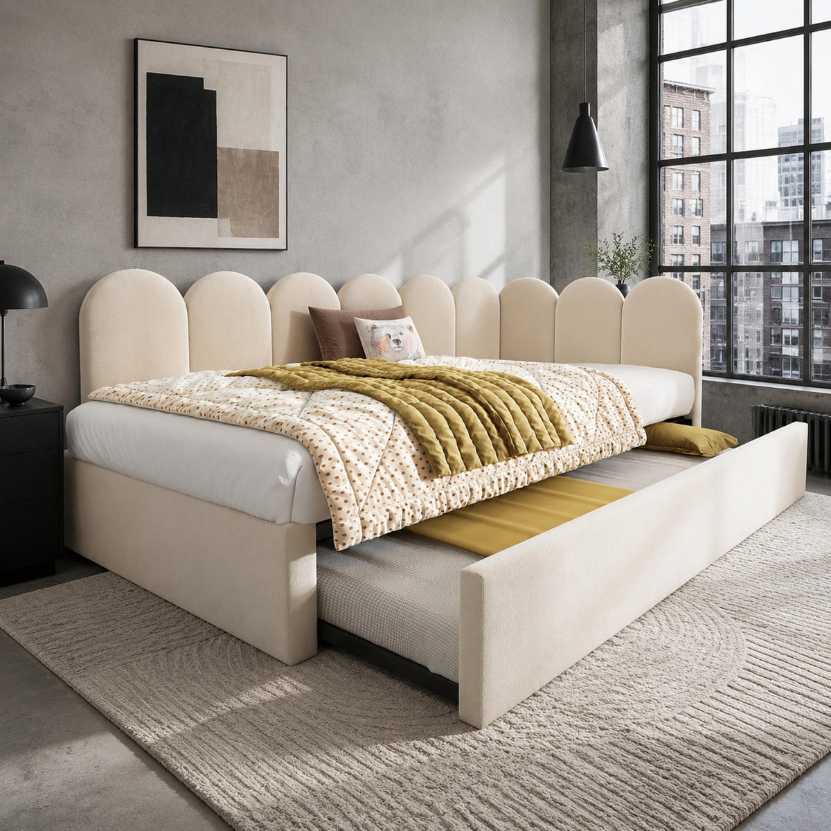 POLSTERBETT 90/200+90/190 mit Ausziehbett und Lattenrost in Beige - Beige, Holzwerkstoff/Textil (90/200cm) - EVRYAE