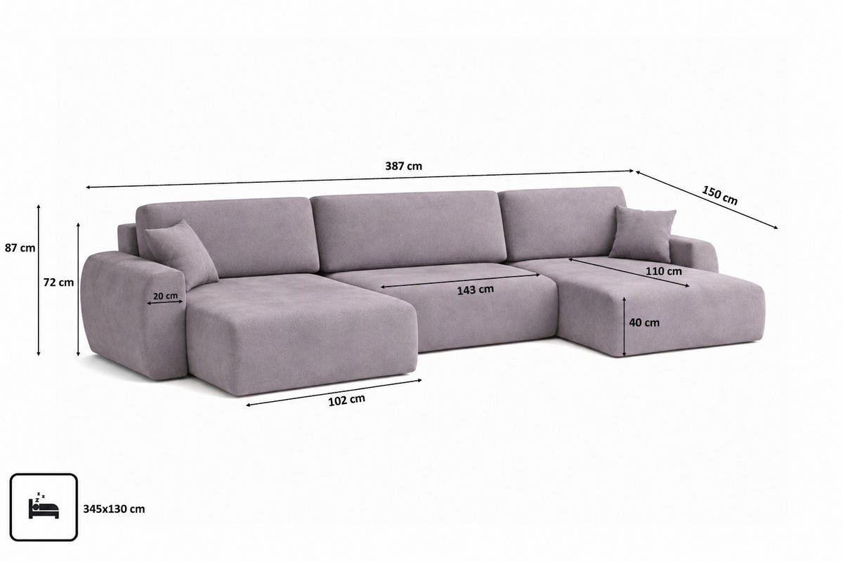 ECKSOFA Mit Schlaffunktion Und Bettkasten U-Form Ariel U XL, Veloursstoff Salvador, Grau - Grau, Holz (387/142cm) - Kaiser Möbel