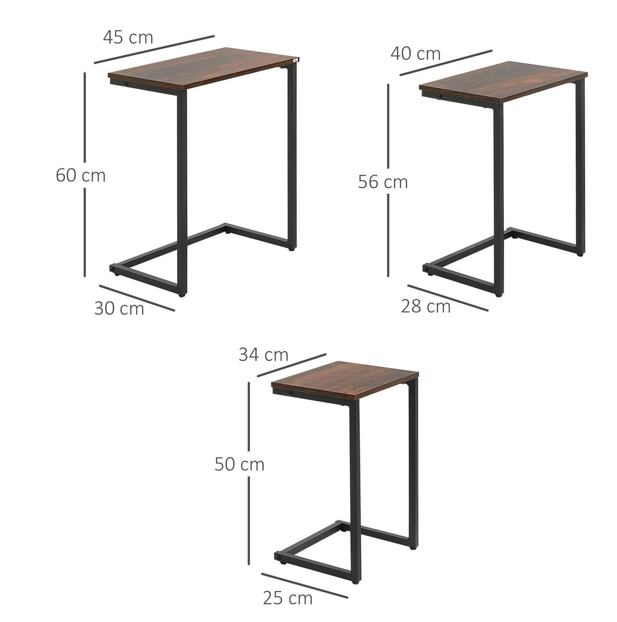 BEISTELLTISCH-SET 3er C-förmig in Braun/Schwarz – platzsparend im Industrial-Look - Braun, Holzwerkstoff (30/45/60cm) - BEAOK