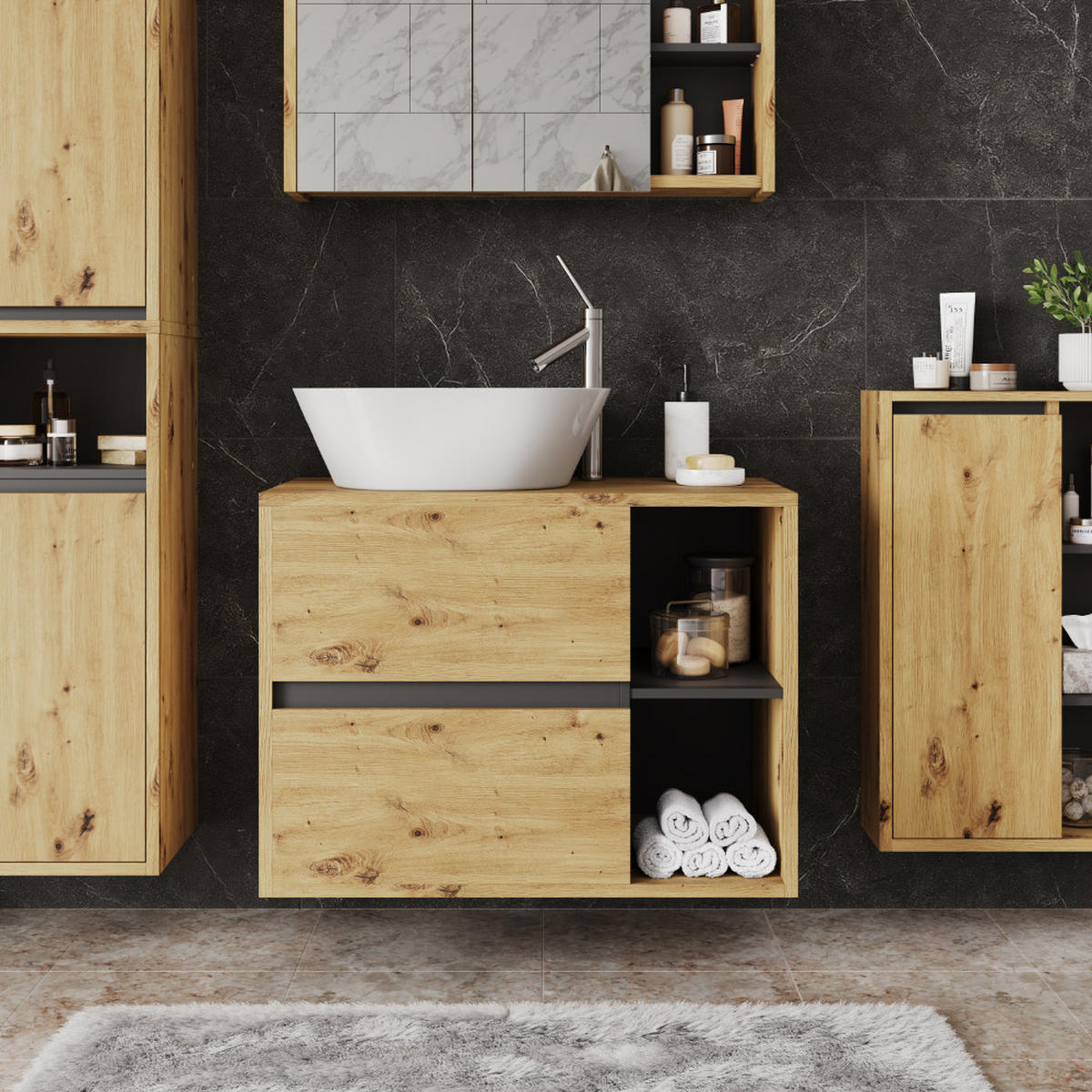 WASCHBECKENUNTERSCHRANK Viola Artisan/Grau 80 x 60 cm mit 2 Schubladen - Hellgrau/Grau, Holzwerkstoff (80/60/46cm) - Vicco