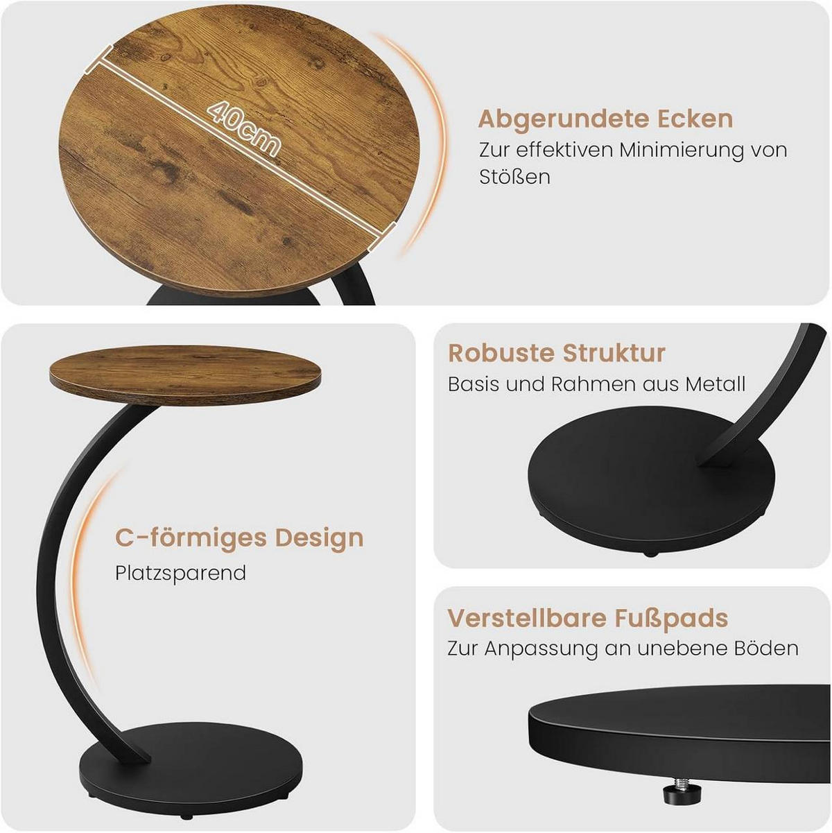 BEISTELLTISCH C Form, φ40xH65 cm, Vintage-Holzoptik - Alteiche/Schwarz, Holzwerkstoff/Metall (40/40/65cm) - Woltu