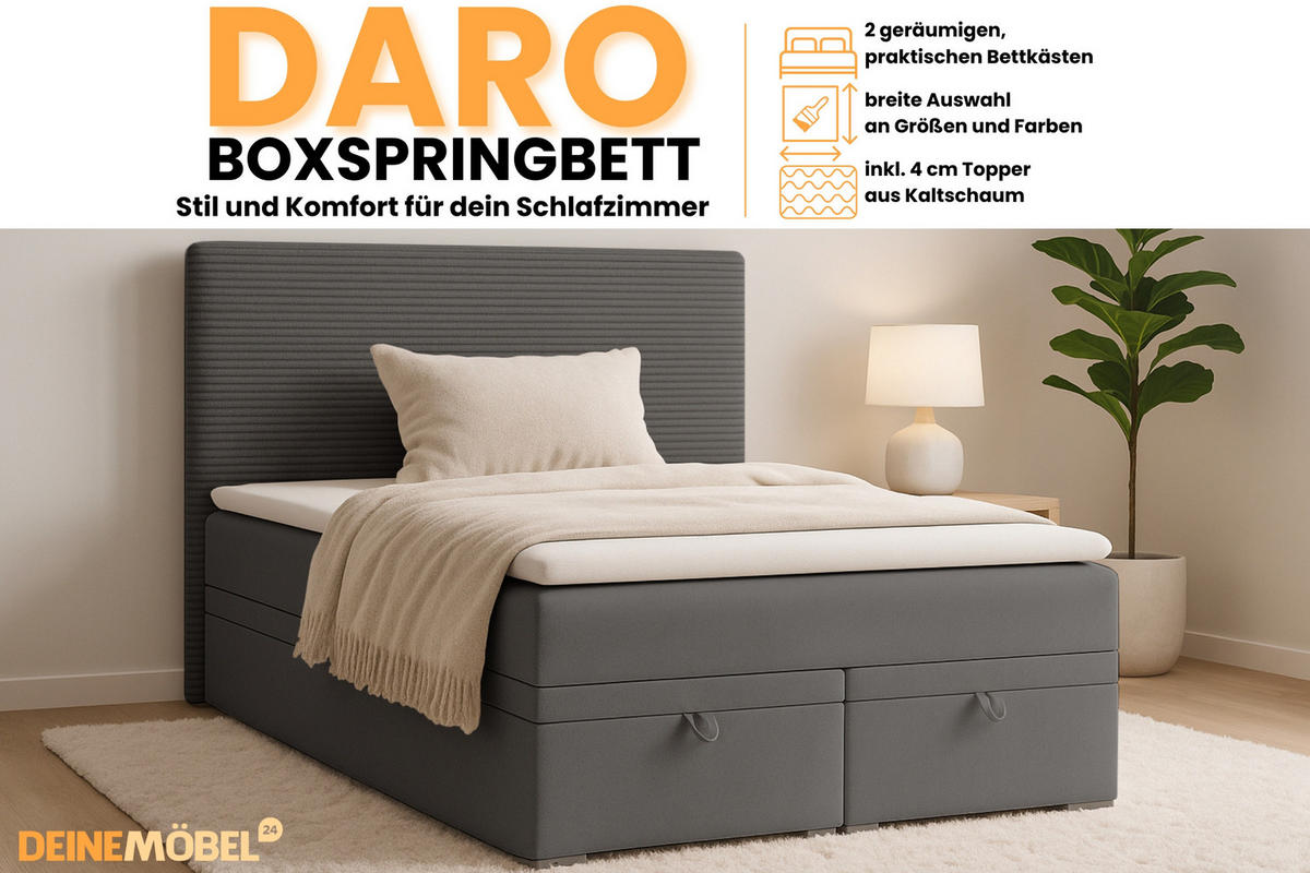 BOXBETT DARO 180/200 in Velour/Cord Dunkelgrau - Dunkelgrau, Holz/Holzwerkstoff (180/200cm) - Deine Möbel 24