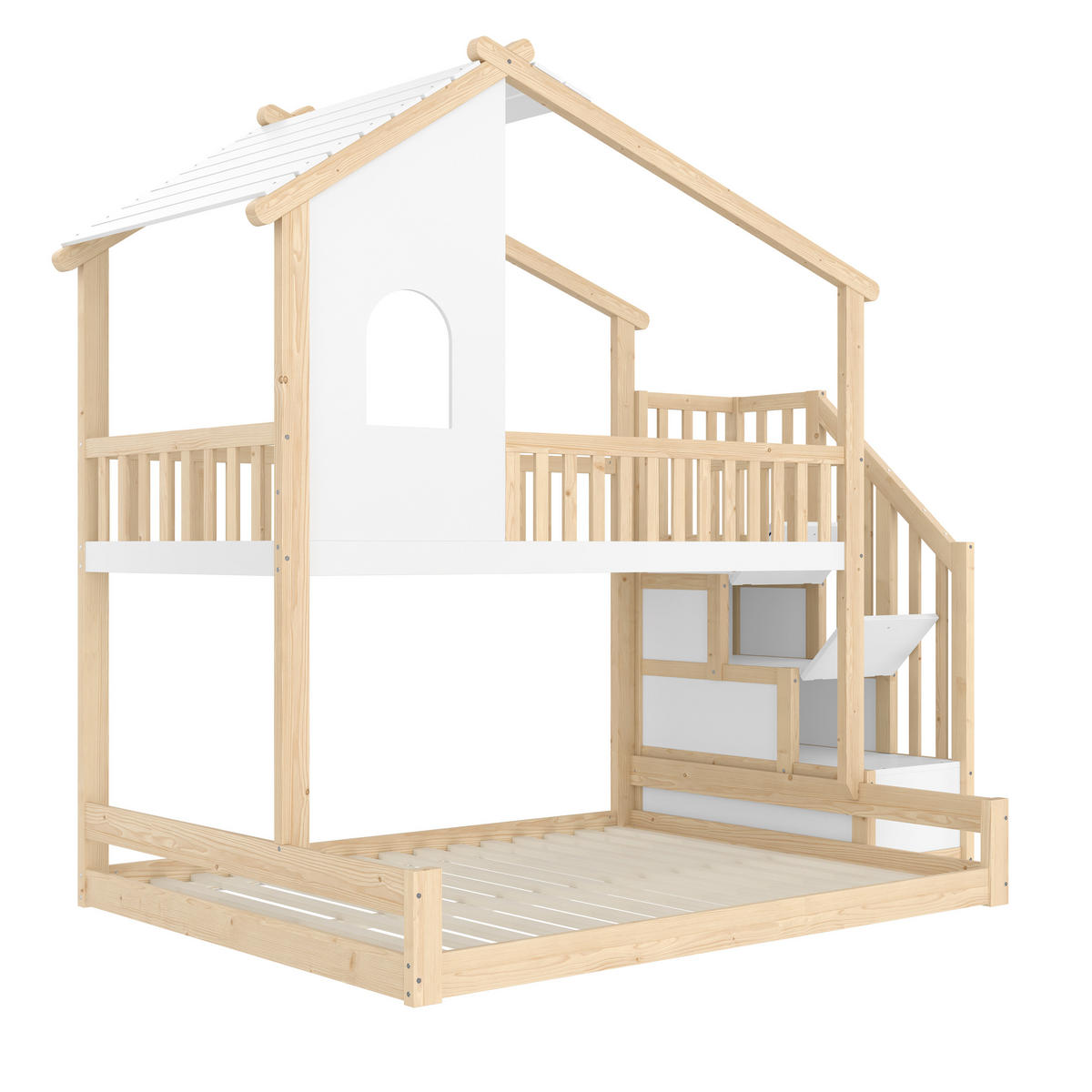 ETAGENBETT 90x200cm + 140x200cm Natur + Weiß Stauraumleiter Fenster - Multicolor, Holz (140/200cm) - FLIEKS