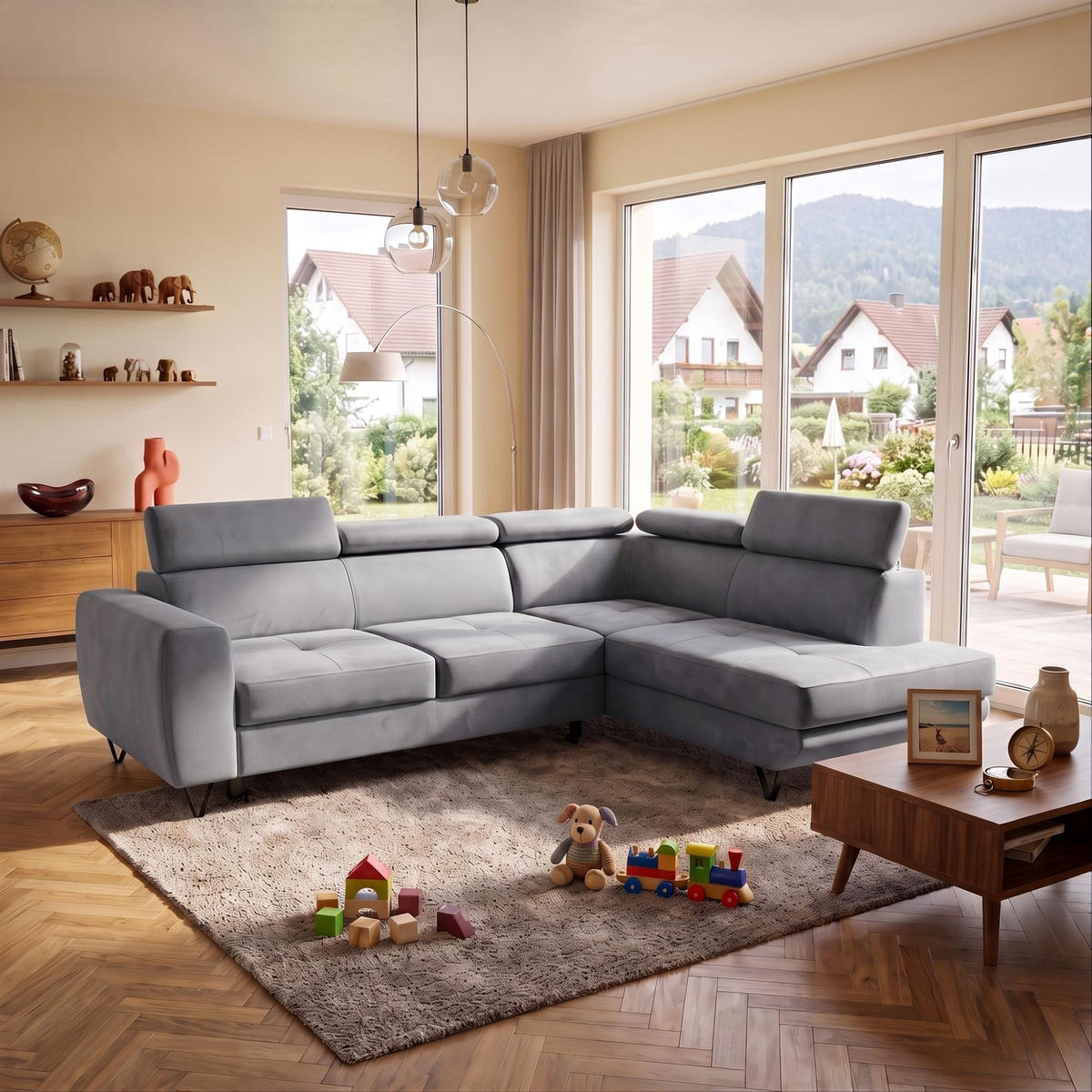 ECKSOFA JUNIOR L Rechts mit Schlaffunktion 194x128 Velours Grau - Schwarz/Grau, Holz/Textil (184/249cm) - Muffo