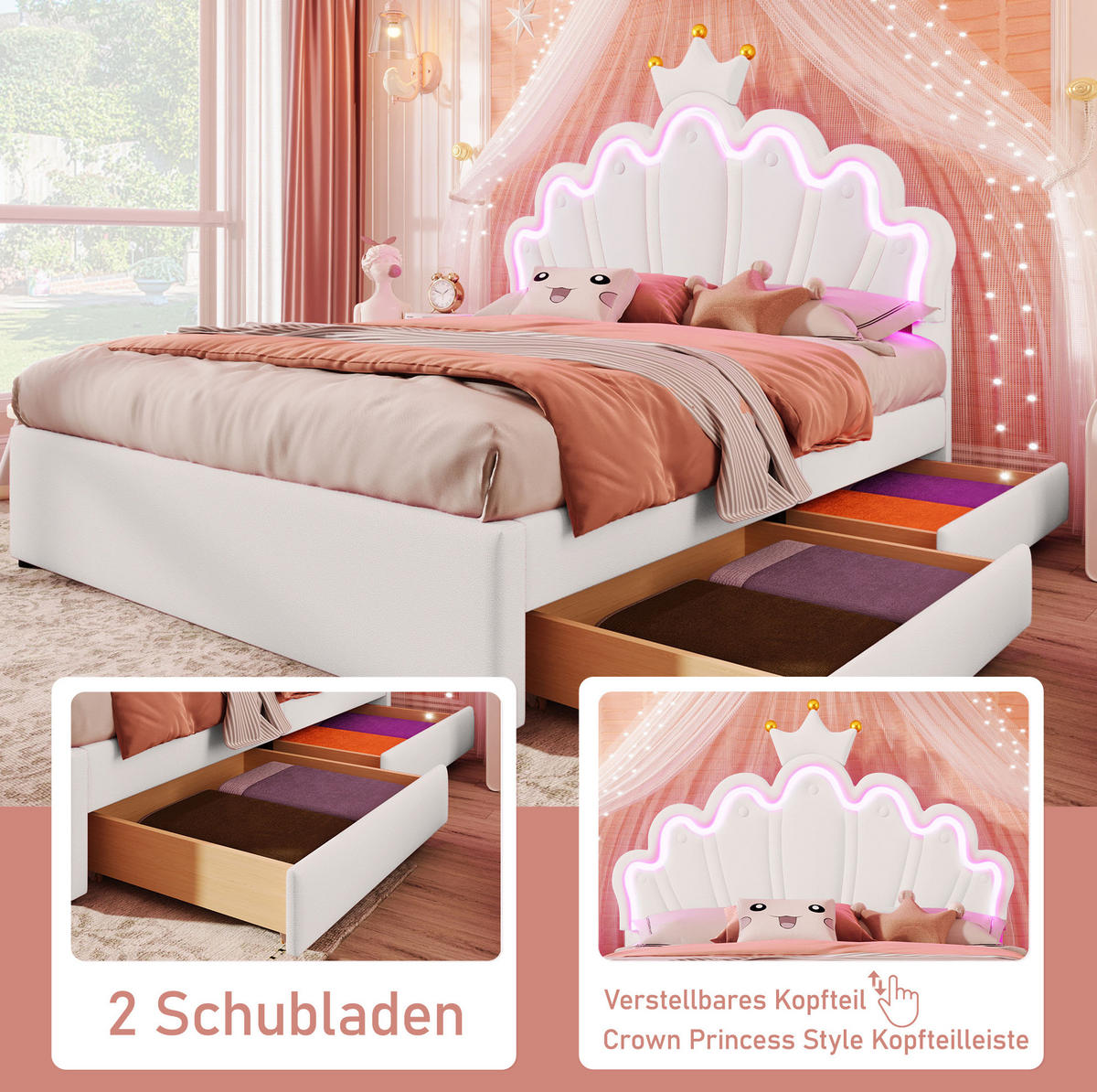 DĚTSKÁ postel 140/200 cm bílá z PU a MDF s nastavitelným čelem, LED osvětlením a 2 zásuvkami - bílá, kůže (140/200cm) - OKWISH
