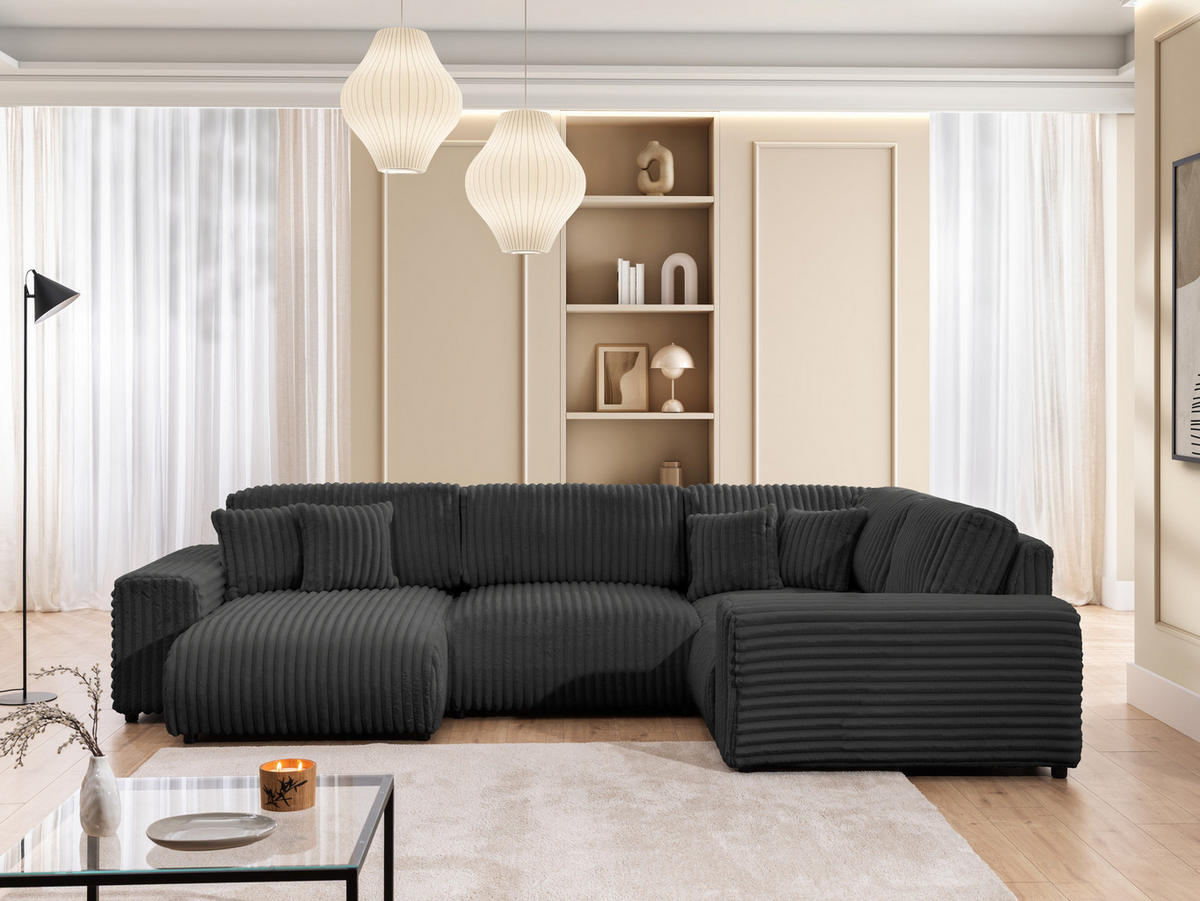 WOHNLANDSCHAFT Mollis Dunkelgrau Plüschcord im XXL-Format - Ottomane Links - Dunkelgrau/Schwarz, Holz/Kunststoff (316/77/194cm) - S-Style Möbel