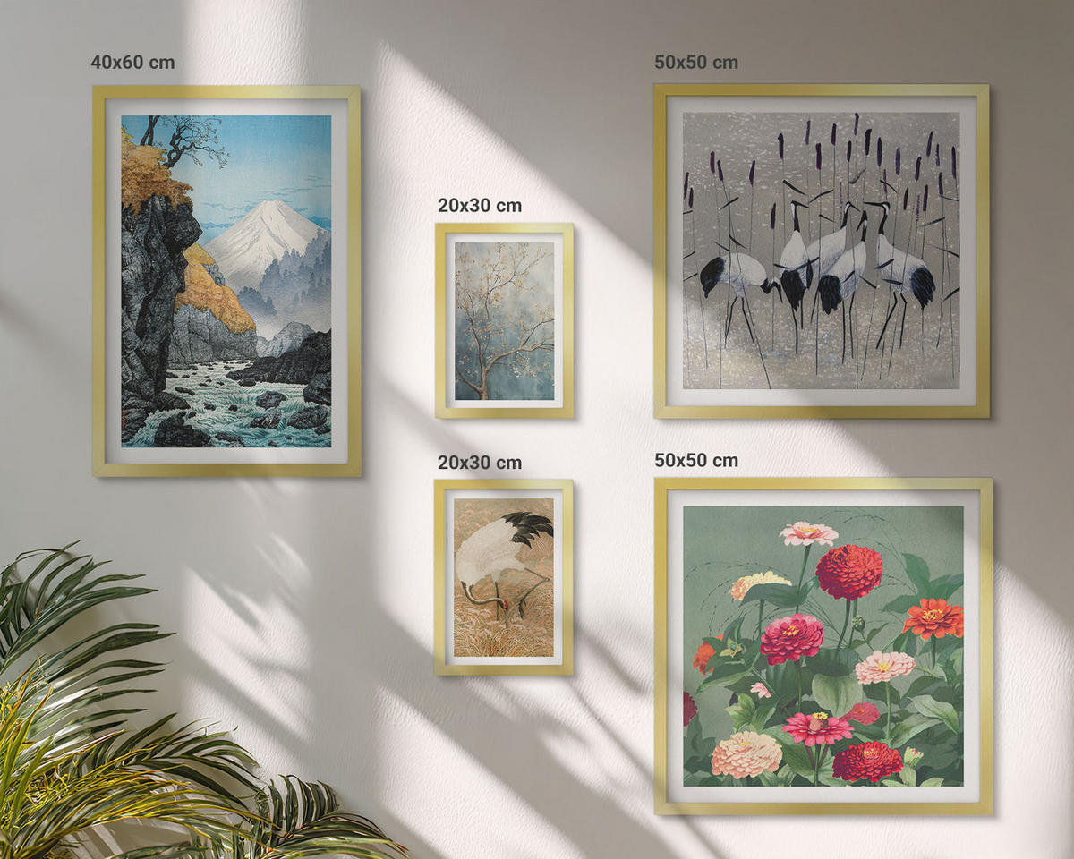 BILDER SET 5er Set - 50x50 cm & 20x30 cm & 40x60 cm Goldrahmen - Berge, Fluss, Blumen, Kraniche - Goldfarben, Kunststoff (40/60cm) - TULUP