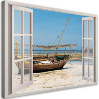 WANDBILD fensterblick tropisches meer boot - Blau, Textil (60/40cm) - Feeby