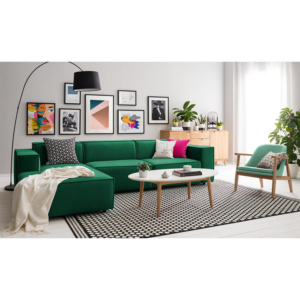ECKSOFA mit Longchair - Dunkelgrün/Schwarz, Kunststoff/Textil (294/177cm) - home24