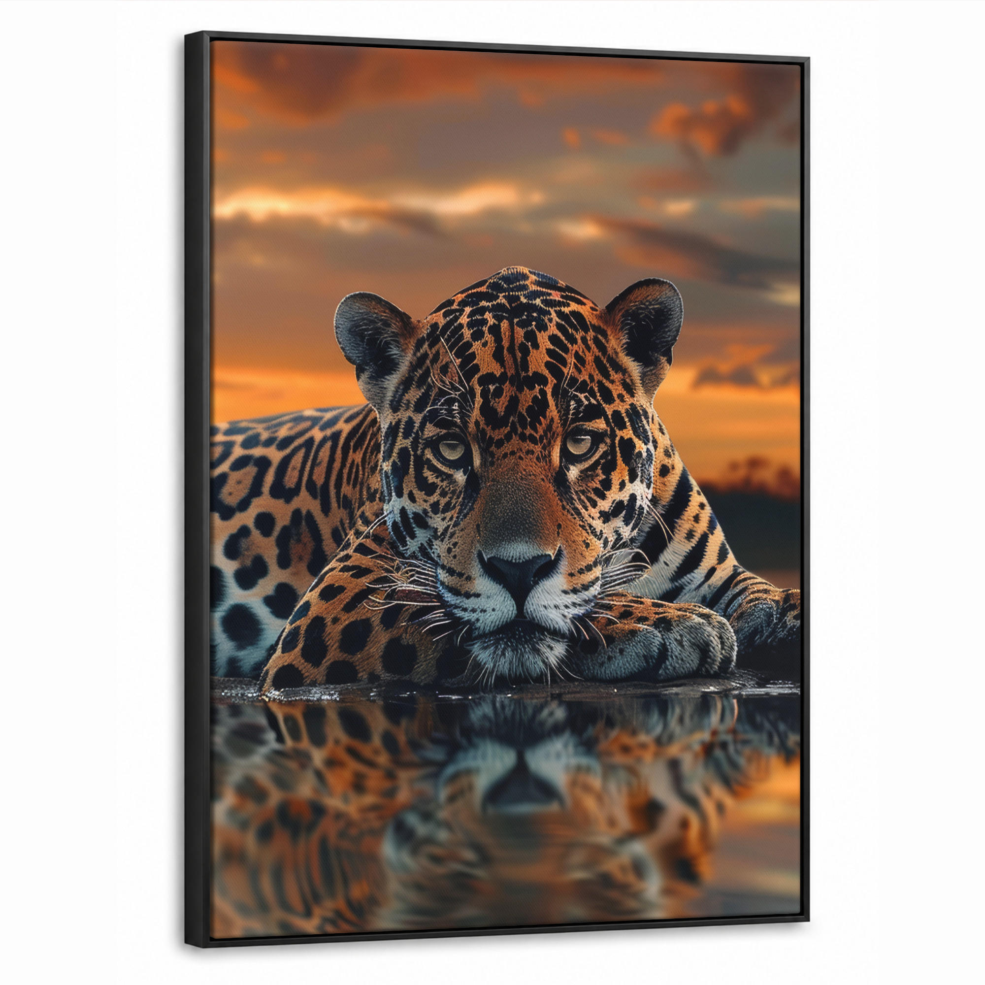 LEINWAND Bilder mit Rahmen - Natur - Leopard - Tier - Sonnenuntergang - Modern - 50x70 - Orange, Textil (50/70cm) - MuchoWow