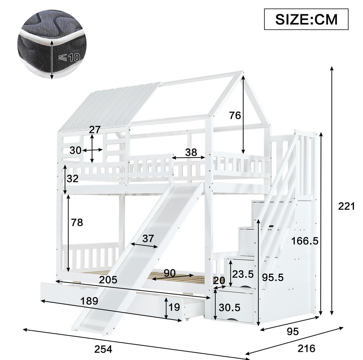 KATNI krevet od borovine i MDF-a 90x200 cm bijeli sa stepenicama, toboganom, ladicom i kućnim dizajnom - bijela, drvni materijal (90/200cm) - Modfu