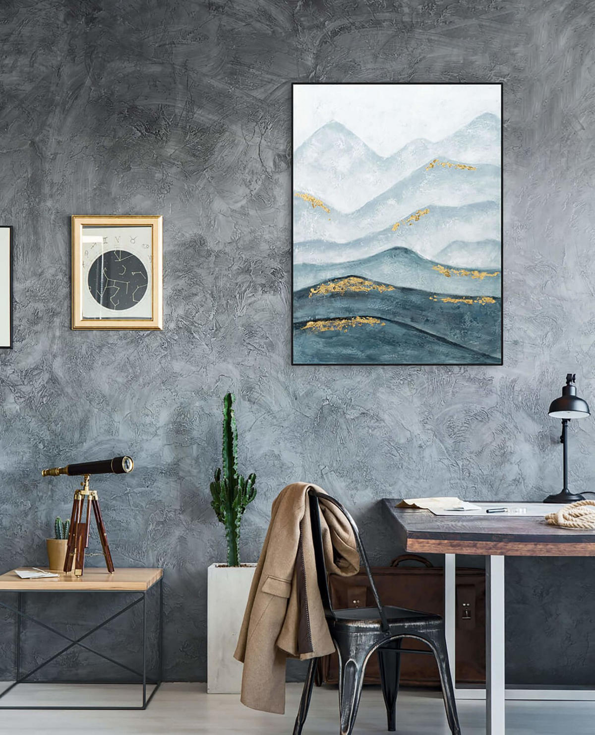 RUČNE MAĽOVANÝ AKRYLOVÝ OBRAZ 75/100 cm, petrolejový, prírodný a botanický motív - petrolejová, drevo/textil (75/100cm) - KUNSTLOFT