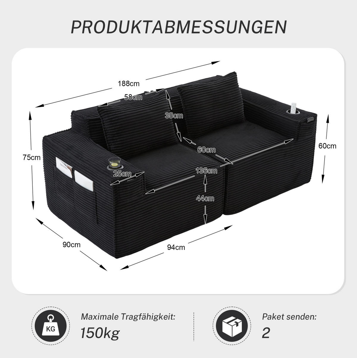 SOFA modularer 2-Sitzer mit Getränkehaltern 188 x 90 x 75 cm Schwarz - Schwarz, Kunststoff (188/75/90cm) - Meubliv